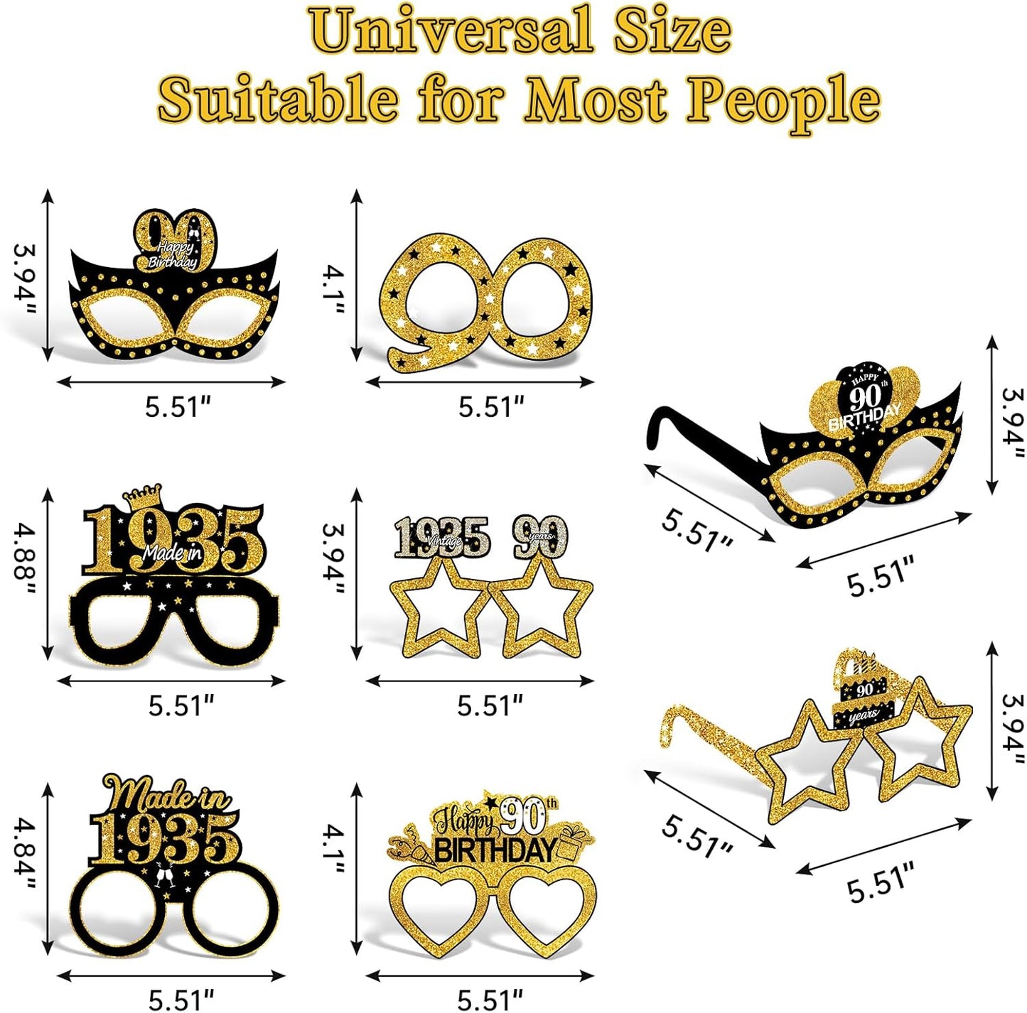 24Pcs 1935 90th Birthday Paper Glasses Decorations for Men Women - Black Gold Happy 90th Birthday Paper Eyeglasses Photo Props, Vintage 1935 Ninety Years Old Birthday Party Supplies