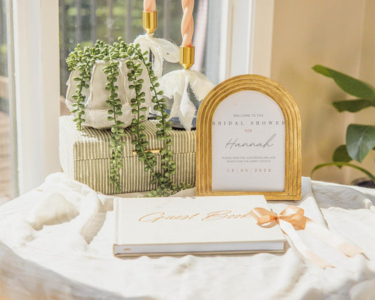 Elegant Wedding Guest Book-Wedding Memory Book w/Keepsake Pocket+Bow Closure, 9x7in Linen Cover, 150 Lined Pages - Party Essentials for Weddings, Bridal/Baby Shower, Funeral and Other Special Events