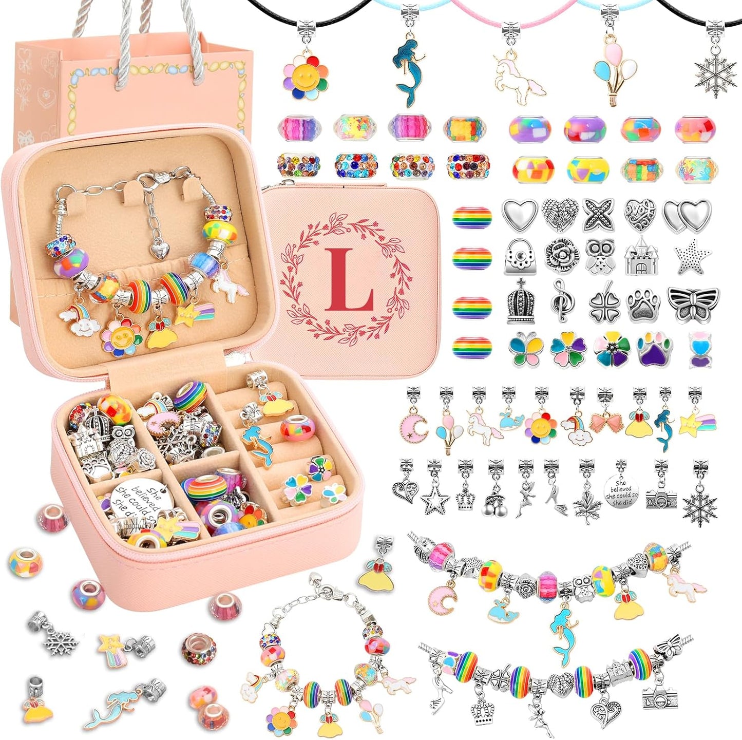 Charm Bracelet Making Kit for Girls 3-12, Kids Jewelry Making Kit 66Pcs Jewelry Kits for Girls Ages 8-12 Jewelry Maker Craft Necklace Birthday Christmas Gifts with Initial Jewelry Organizer Box - L
