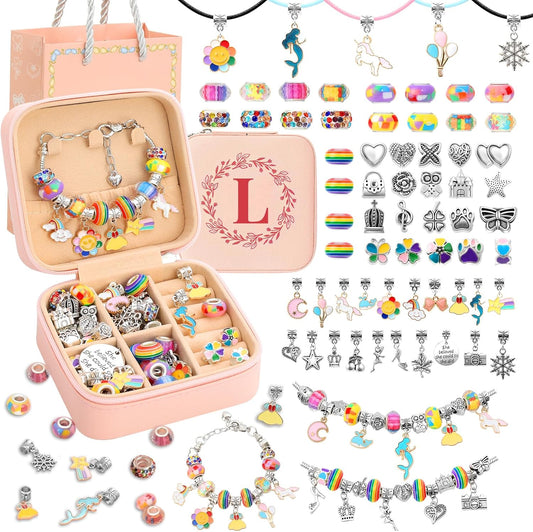 Charm Bracelet Making Kit for Girls 3-12, Kids Jewelry Making Kit 66Pcs Jewelry Kits for Girls Ages 8-12 Jewelry Maker Craft Necklace Birthday Christmas Gifts with Initial Jewelry Organizer Box - L