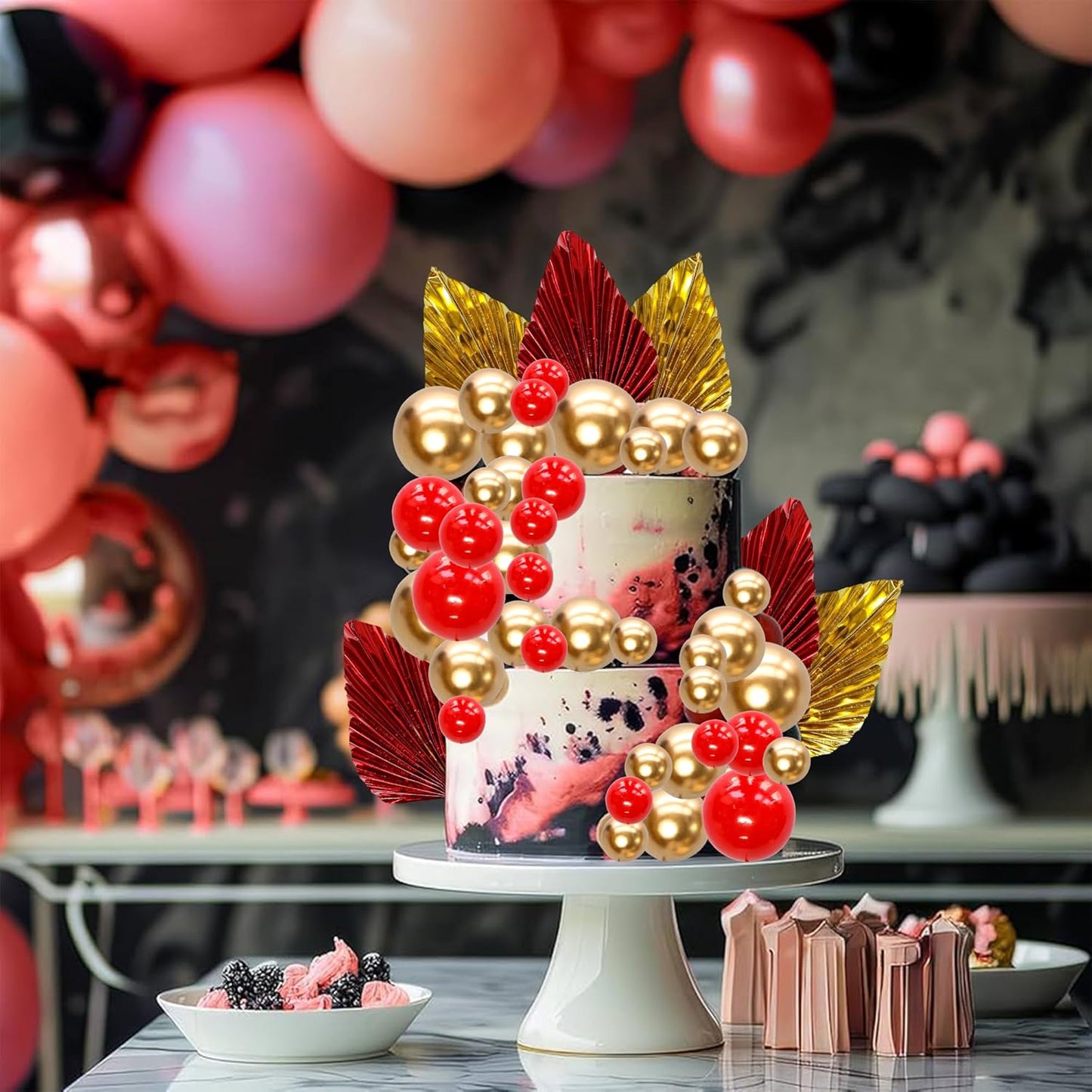 Ephlyn 28Pcs Paper Palm Fan Cake Topper Balls Cake Pick for Baby Shower Wedding Bridal Shower Birthday Party Cake Decorations Supplies Gold Red