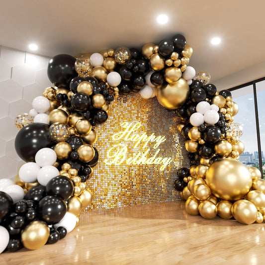 Black and Gold Balloon Arch Kit, ADOINBY 140Pcs Black White Metallic Gold Confetti Latex Balloons 18 12 10 5 Inch Different Size Balloons for Birthday Anniversary Graduation Wedding Party Decorations