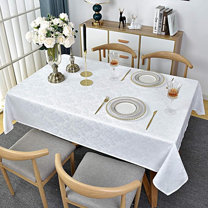 Rectangle Table Cloth - 60 x 102 Inch White Jacquard Tablecloths Damask Design Spillproof Wrinkle Resistant Shrinkproof Soft Tablecloth Polyester Oblong Table Cover for Kitchen Dinning Party Tabletop