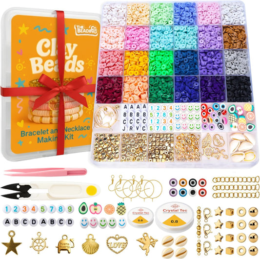 7500+Clay Beads Bracelet Making Kit for Girls- 24 Colors Heishi Beads with No Missing Letter Beads&Charms for DIY Friendship Bracelets and Jewelry Making kit,Arts and Crafts Gift for Teen Girls 6-12
