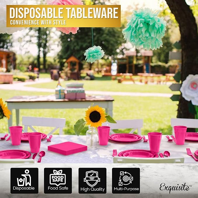350 Pcs Cerise Plastic Plates For Party, Cerise Disposable Plates Set, 50 Of Each 9" Dinner Plate Set, 7" Dessert Plate, Cups, Napkins & Cutlery Plastic Dinnerware Exquisite