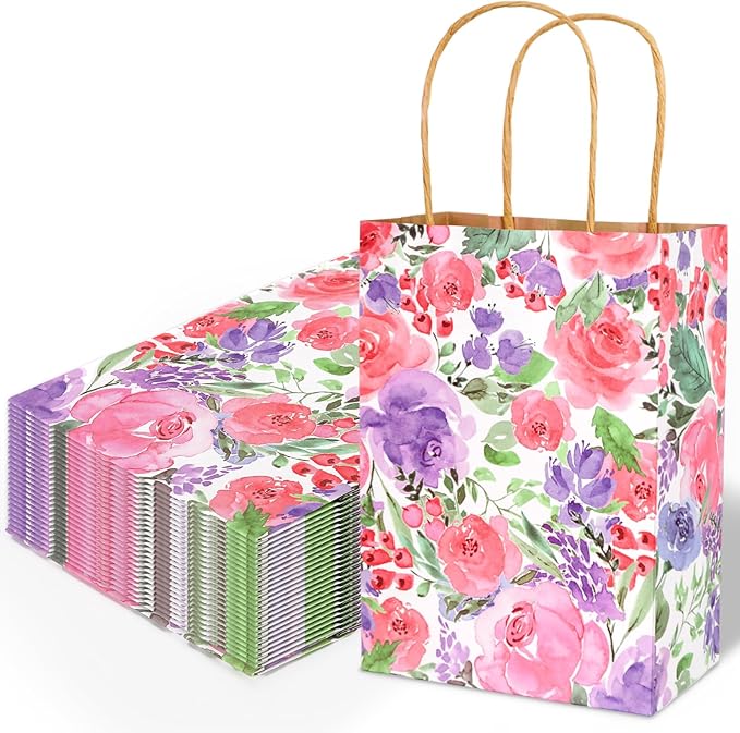 JarThenaAMCS 24Pcs Floral Kraft Paper Bags with Handles Summer Watercolor Purple Flower Treat Gift Bag Blossom Candy Goodie Bag for Wedding Birthday Baby Shower Party Favors Supplies