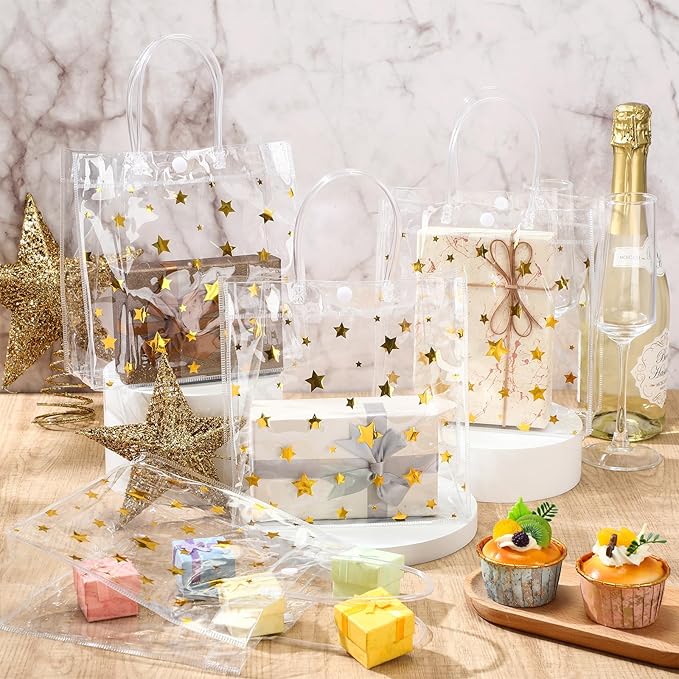 Aliceset 20 Pcs 8 x 8 x 3.15 Inch Clear PVC Gift Bags with Handles Small Gold Foil Star Transparent Star Party Favor Goodie Bags for Baby Shower Birthday Wedding Candy Snack Gift Wrapping