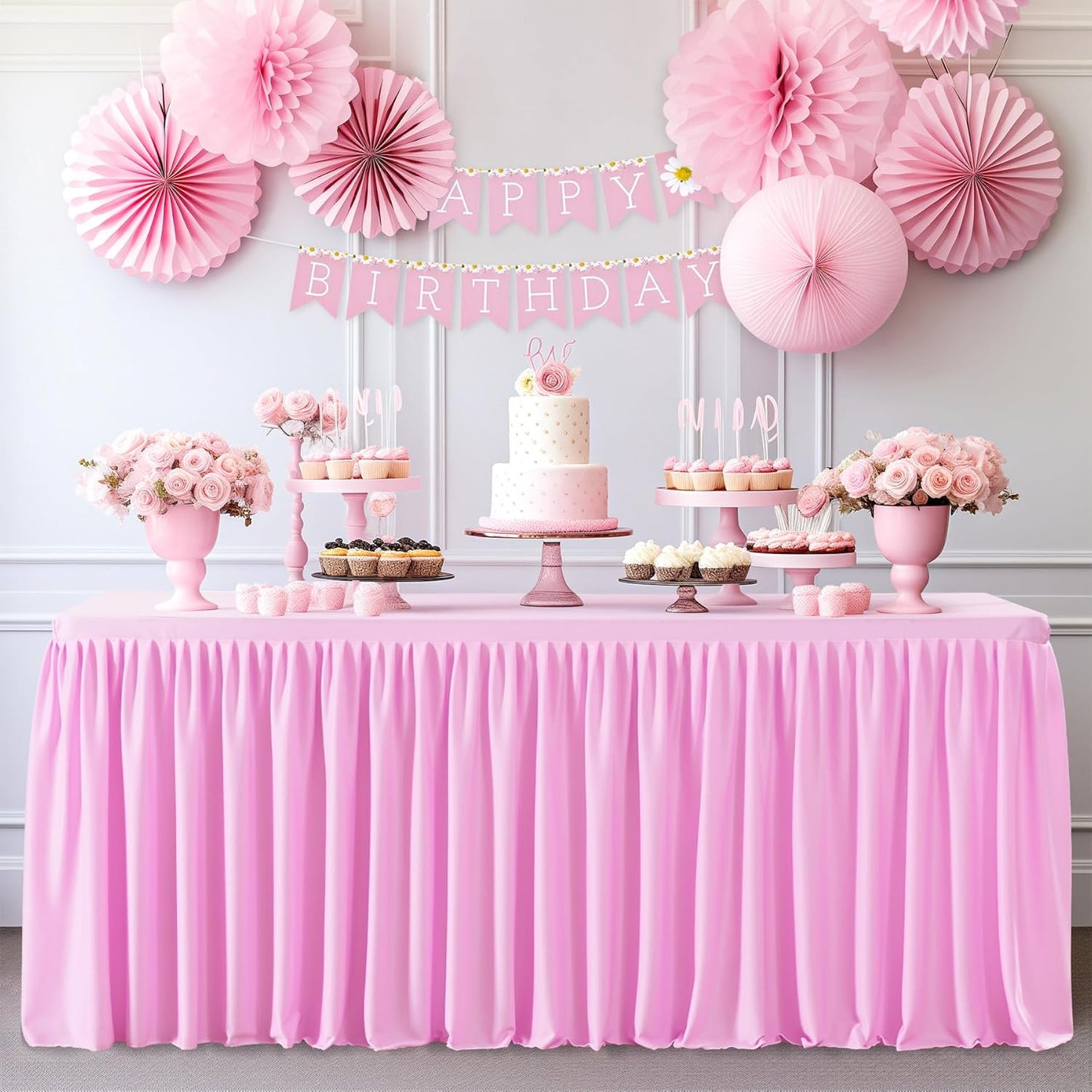 Pink Polyester Table Clothes for 8 Foot Rectangle Tables, Wrinkle Free Fitted Table Cover 8ft Stretch Tablecloths with Skirt for Parties Weddings Birthday Banquet Baby Shower