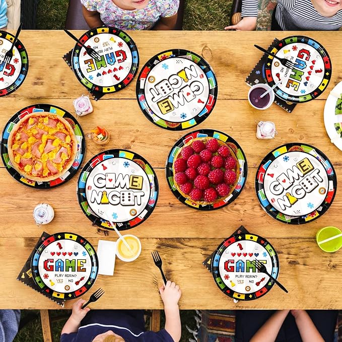 Grencian 200Pcs Family Game Night Decorations Game Night Plates and Napkins Disposable Gamer Paper Tableware Set for Adults Family Gathering Birthday Gaming Theme Party Supplies, Serves 50