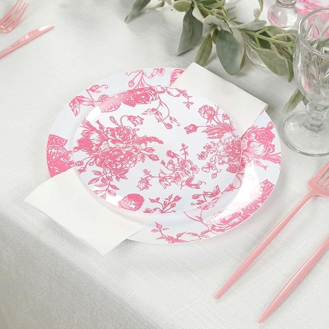 Efavormart 10-Pack French Toile Plastic Dessert Plates – Pink & White Floral, 7" Round Disposable Salad Plates
