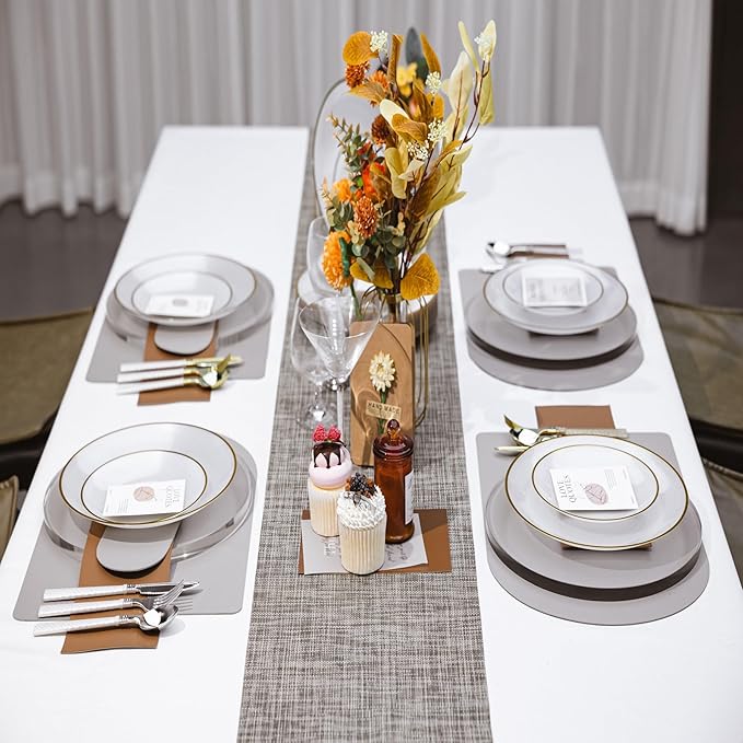 N9R 60PCS White Plastic Plates with Gold Rim, Elegant Disposable Plates, Circular Ribbed Design, 30 Dinner & 30 Dessert Plate for Parties, Weddings, Banquets, and Events (Translucent White)