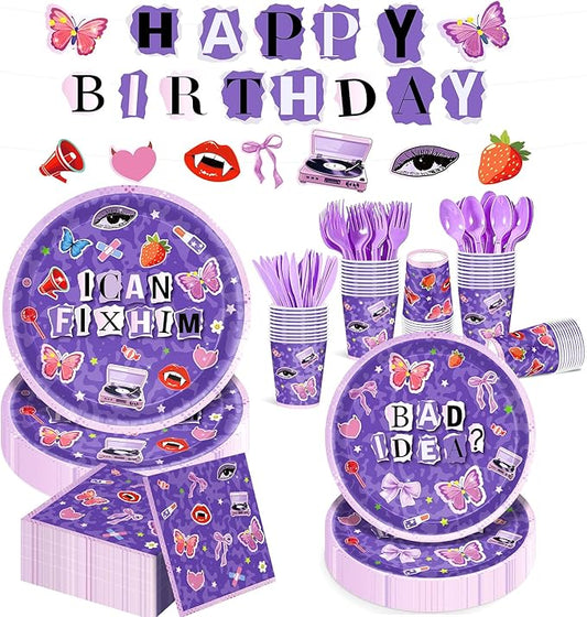 169Pcs Purple Music Birthday Decorations Pop Star Party Decorations Purple Birthday Plates Napkins Cups Banner Cutlery, Purple Party Supplies, Serves 24
