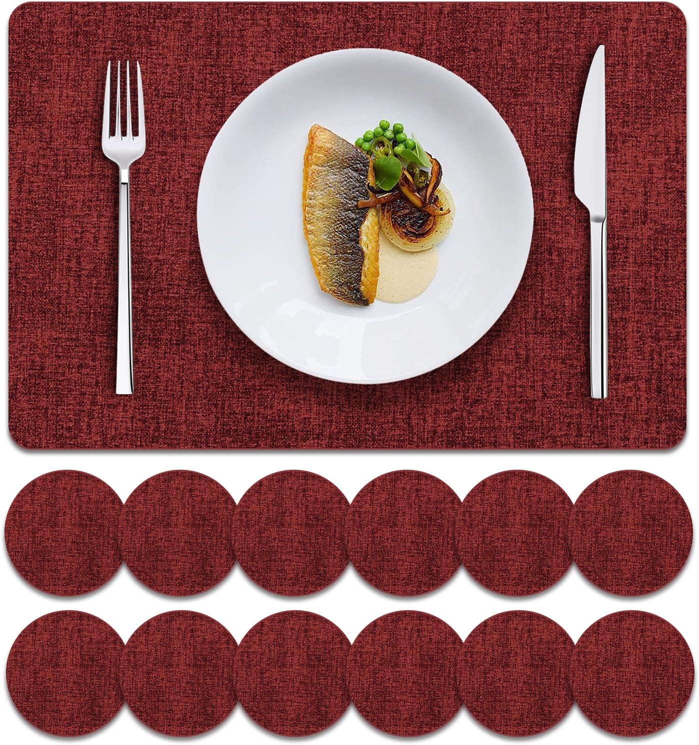 MOSAYT Faux Leather Placemats Set of 12, Heat Resistant Vinyl Place Mats with Coasters, Wipeable Washable 100% Waterproof Oil Proof Table Mats for Kitchen Dining Party Indoor Outdoor, 12" x 18", Red