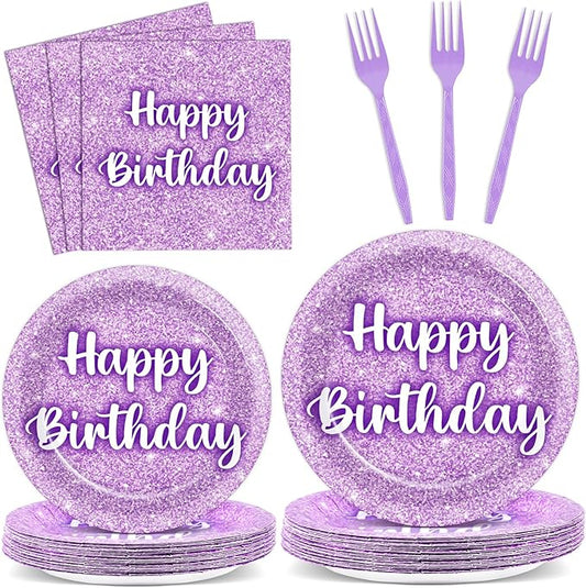96PCS Purple Glitter Birthday Party Plates and Napkins Purple K-pop Tableware Party Paper Plates Glitter Disposable Dinnerware Parties Set for Girls Women Birthday Sprinkle Anniversary Decorations