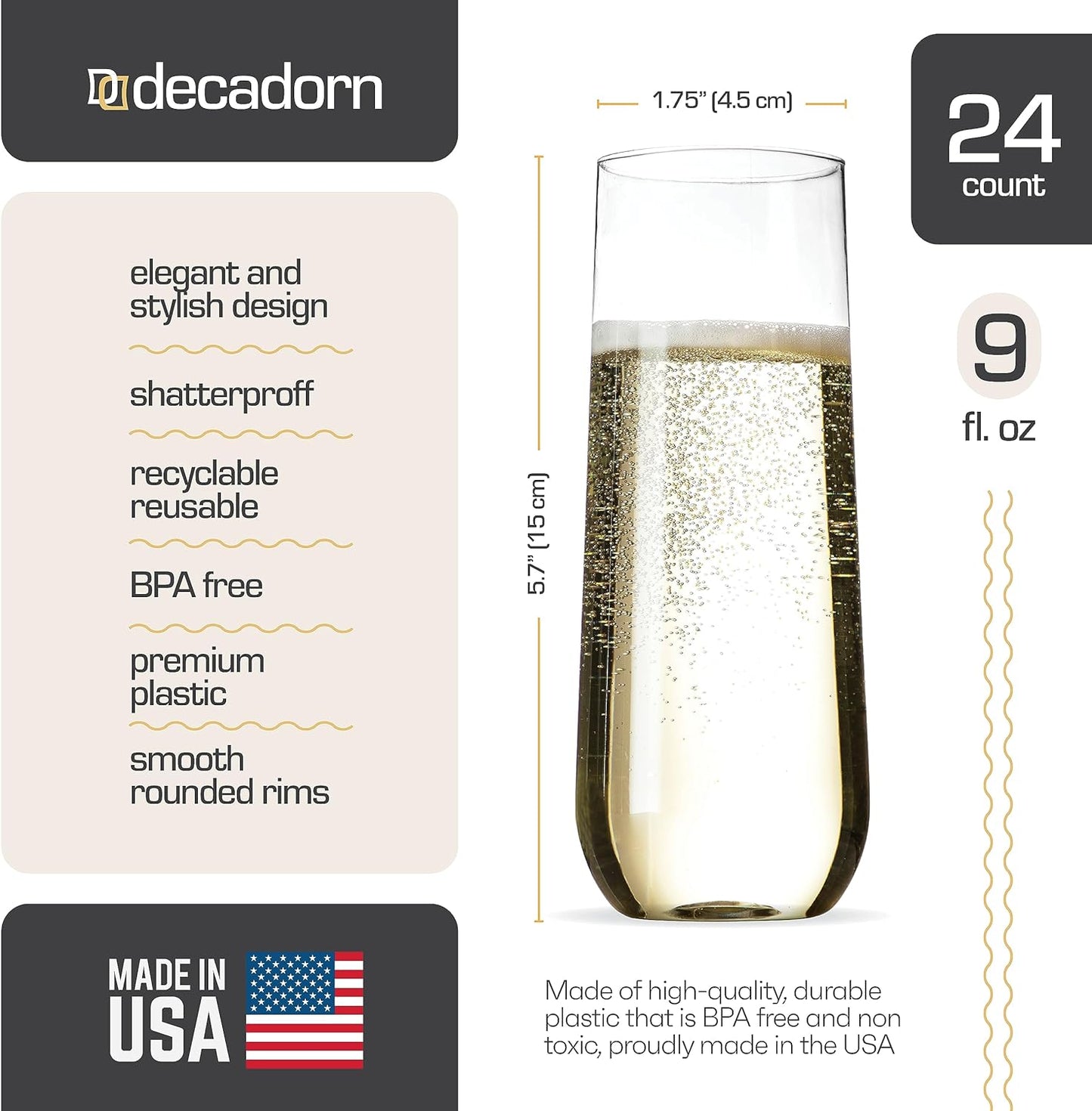 DECADORN Clear Stemless Champagne Flutes Plastic 24 Pack - 9oz Plastic Champagne Glasses - Durable and Sturdy Mimosa Glasses For Parties - Shatterproof, Recyclable, BPA-Free, Smooth Rims.