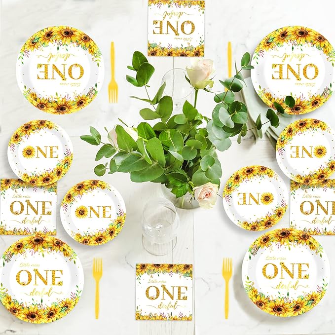 96Pcs Sunflower 1st Birthday Party Supplies Baby Girl Little Miss Paper Plates Napkins Sun Flower Party Decorations First Birthday Dinnerware Favor Tableware Serves 24