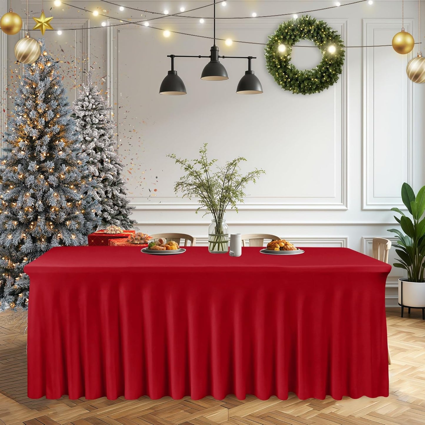HolidayIdeas 4 Pack Red Spandex Tablecloths for 8 Foot Table, Bulk Fitted Table Covers for Christmas Trade Shows, Corporate Events