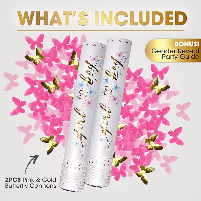 PrimePure Gender Reveal Confetti Cannon - Butterfly Shaped Confetti Poppers - Pink, 2 Pack - Baby Girl Gender Reveal Party Poppers Shooters - Pink Paper Butterflies Baby Shower Party Supplies Pop Gun