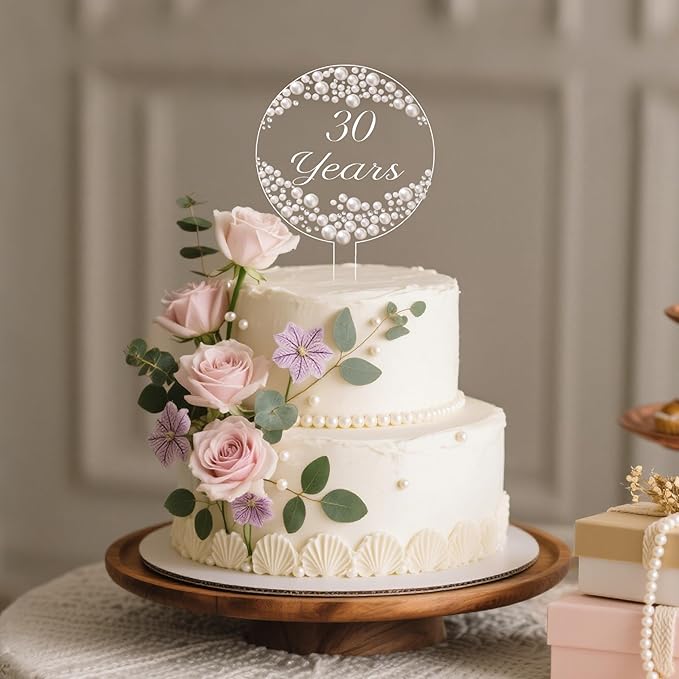 Coucoland Personalized Cake Topper - Round Acrylic Decor for Wedding Birthday with Rhinestones Pearls and Marker Pen (White)
