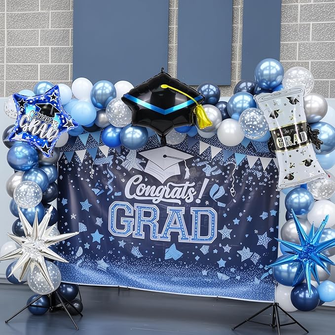 Blue Graduation Balloon Arch Garland Kit 2026, Blue White Graduation Decorations with Foil Grad Cap Diploma Star Balloons for Congrats Class of 2026 Graduates Celebrations Party Decorations