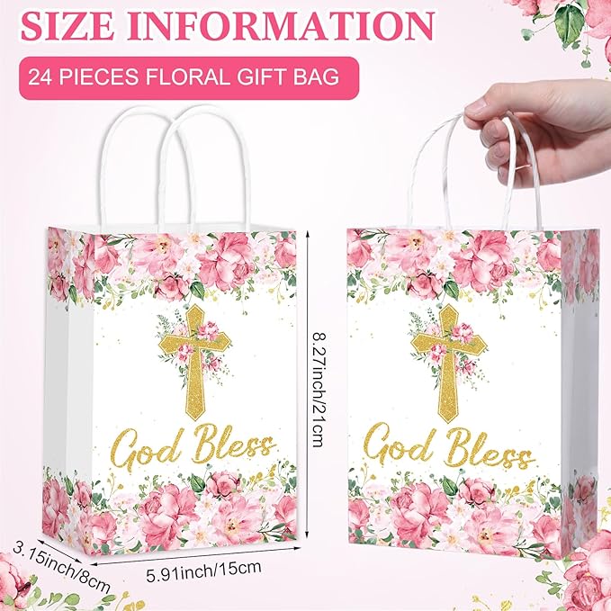 Marspark 24 Pcs Baptism Gift Bags for Guests Cross Floral Paper Gift Bags with Handles God Bless Religious Treat Paper Christian Party Supplies for First Communions Christenings Baptism Easter Wedding