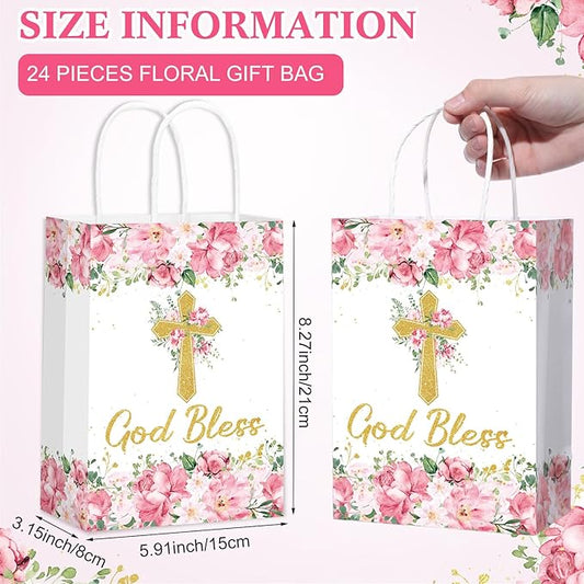 Marspark 24 Pcs Baptism Gift Bags for Guests Cross Floral Paper Gift Bags with Handles God Bless Religious Treat Paper Christian Party Supplies for First Communions Christenings Baptism Easter Wedding