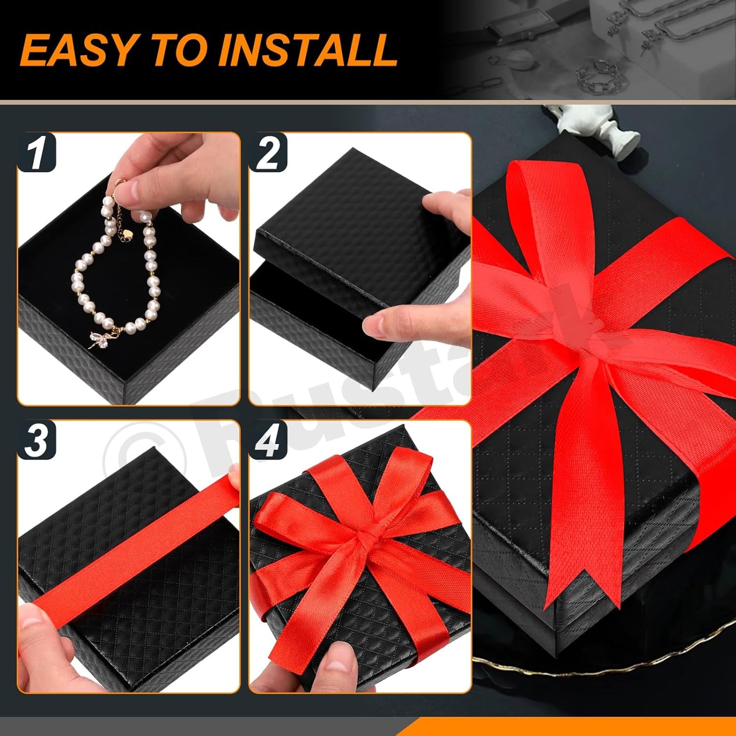 Rustark 12Pcs 9x9x3cm / 3.5x3.5x1 Inch Black Cardboard Jewelry Gift Boxes with Stain Ribbon and Scissor, Small Gift Box with Lid for Necklaces, Rings, Bracelets, Earrings, Pendant, Jewelry