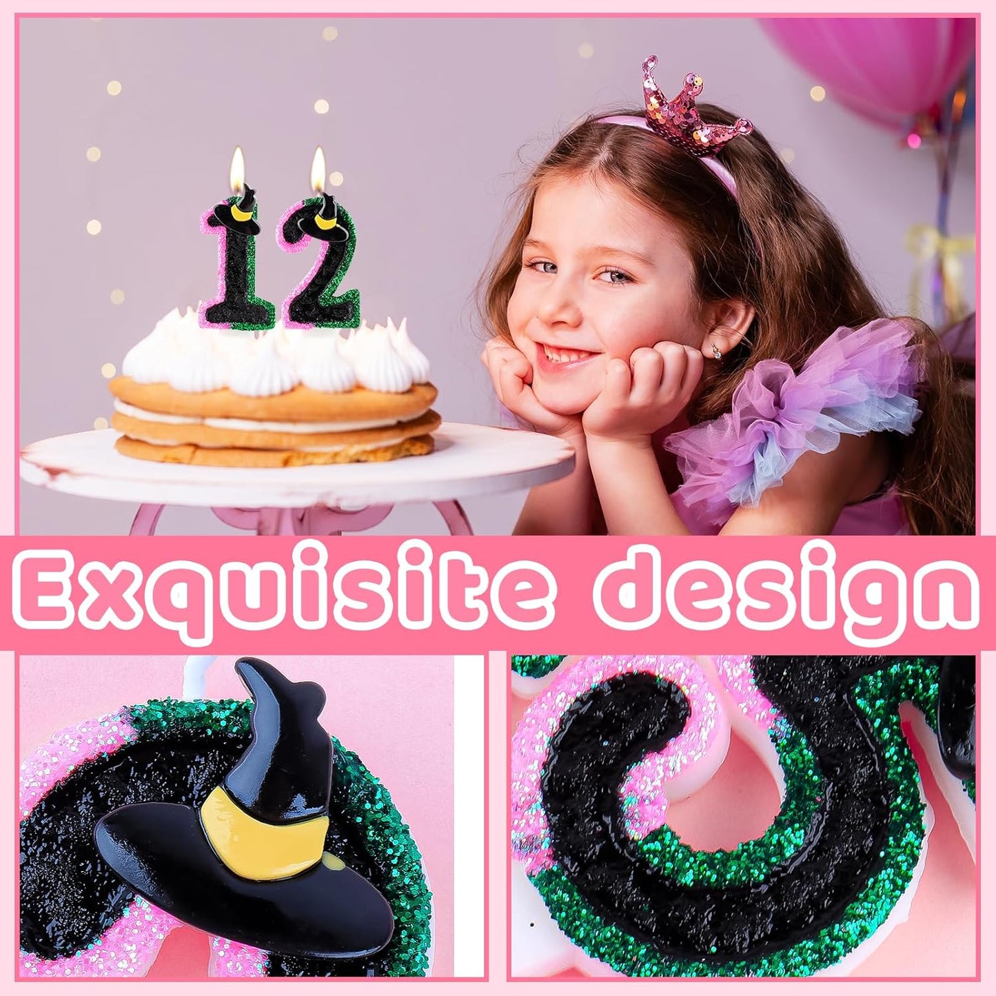 Birthday Number 13 Candles for Cake, Pink Green Black Party Decorations, Witch Birthday Party Decorations for Girls, Pink Green Birthday Candles, Cake Candle, Party Candle
