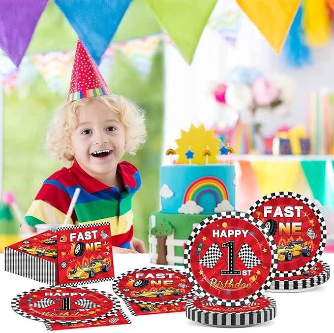 96Pcs Fast One Birthday Party Supplies Racing Car 1st Birthday Paper Plates Napkins Race Cars Party Decorations Baby Show One Year Old Dinnerware Favor Tableware Serves 24