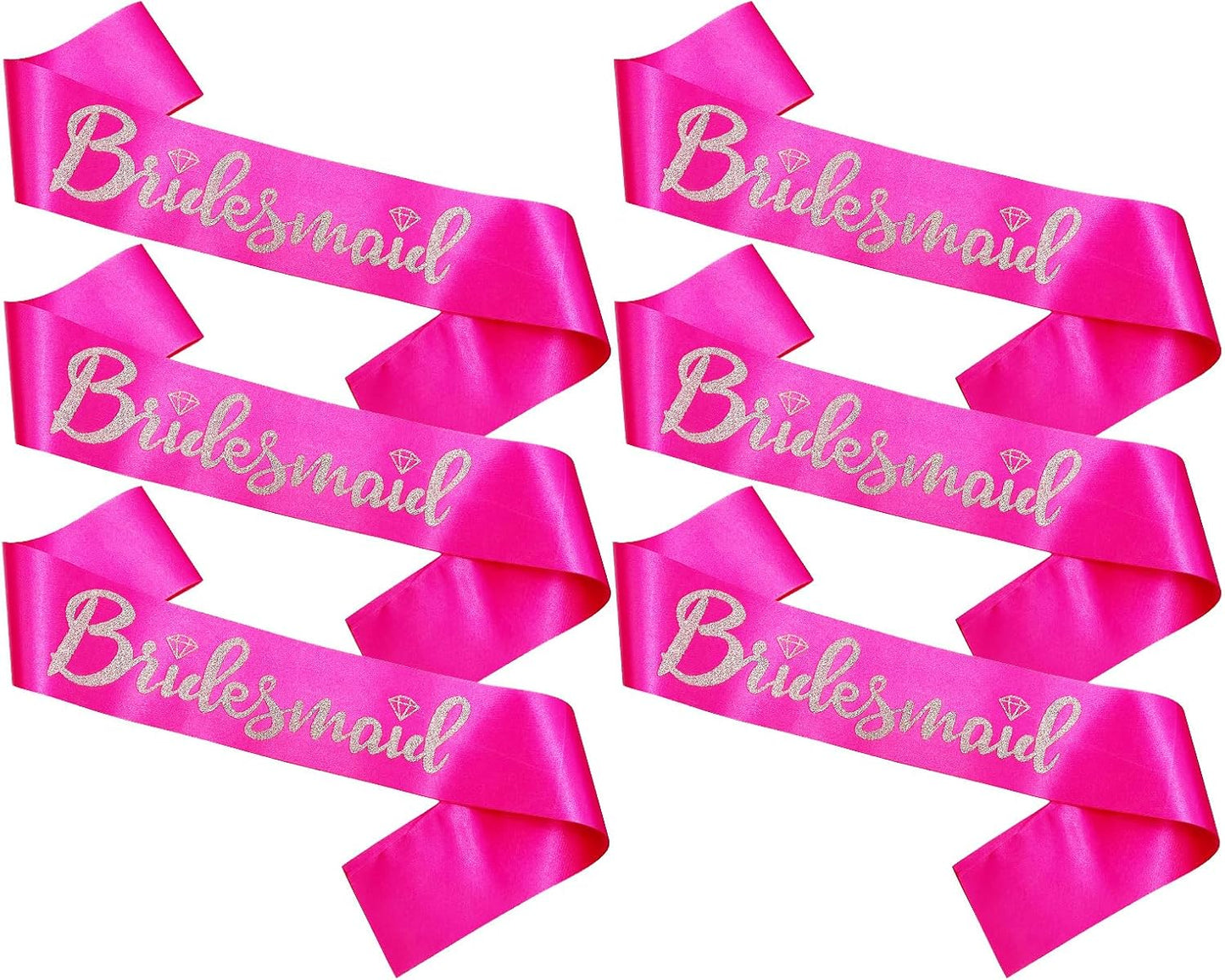 Bridesmaid Sashes Set of 6, Hot Pink Sash with Silver Glitter Letter Bachelorette Party Sash for Bridal Shower Wedding Party Accessories Supplies Engagement Gifts