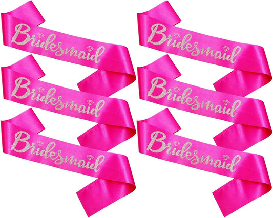 Bridesmaid Sashes Set of 6, Hot Pink Sash with Silver Glitter Letter Bachelorette Party Sash for Bridal Shower Wedding Party Accessories Supplies Engagement Gifts