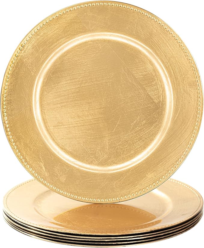 MAONAME Foil Gold Charger Plates with Beaded, 13" Plate Chargers for Dinner Plate, Plastic Round Chargers for Table Setting, Set of 6