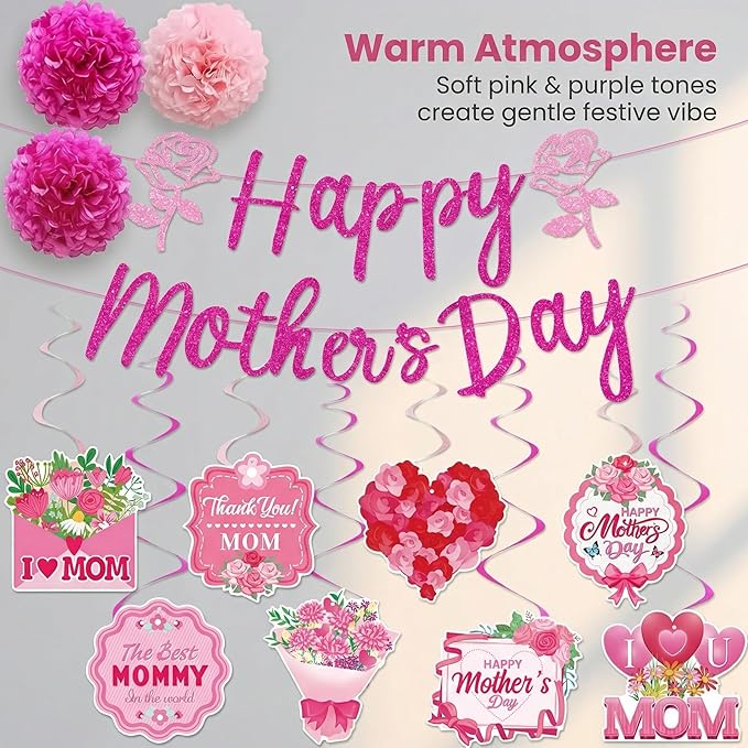 Happy Mothers Day Decorations Party Supplies Kit - Includes Glitter Happy Mother's Day Banner, 6 Paper Pom Poms, Hanging Swirls with Best Mom Ever - Rose Floral Mothers Day Theme Decor for Home Indoor
