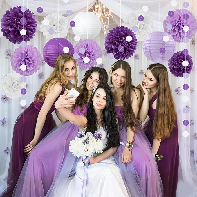 14 Pcs Purple Birthday Decorations for Women - Lavender & Lilac Tissue Pom Poms, Lanterns & Polka Dot Garland for Girls Party, Graduation, Baby Shower, Princess Theme & Bridal