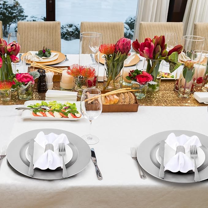 Tanlade 100 Pcs Charger Plates Set Bulk Include 50 Plastic Plate Chargers and 50 Napkin Rings 13" Round for Dinner Table Setting Wedding Baby Shower Decoration(Silver)