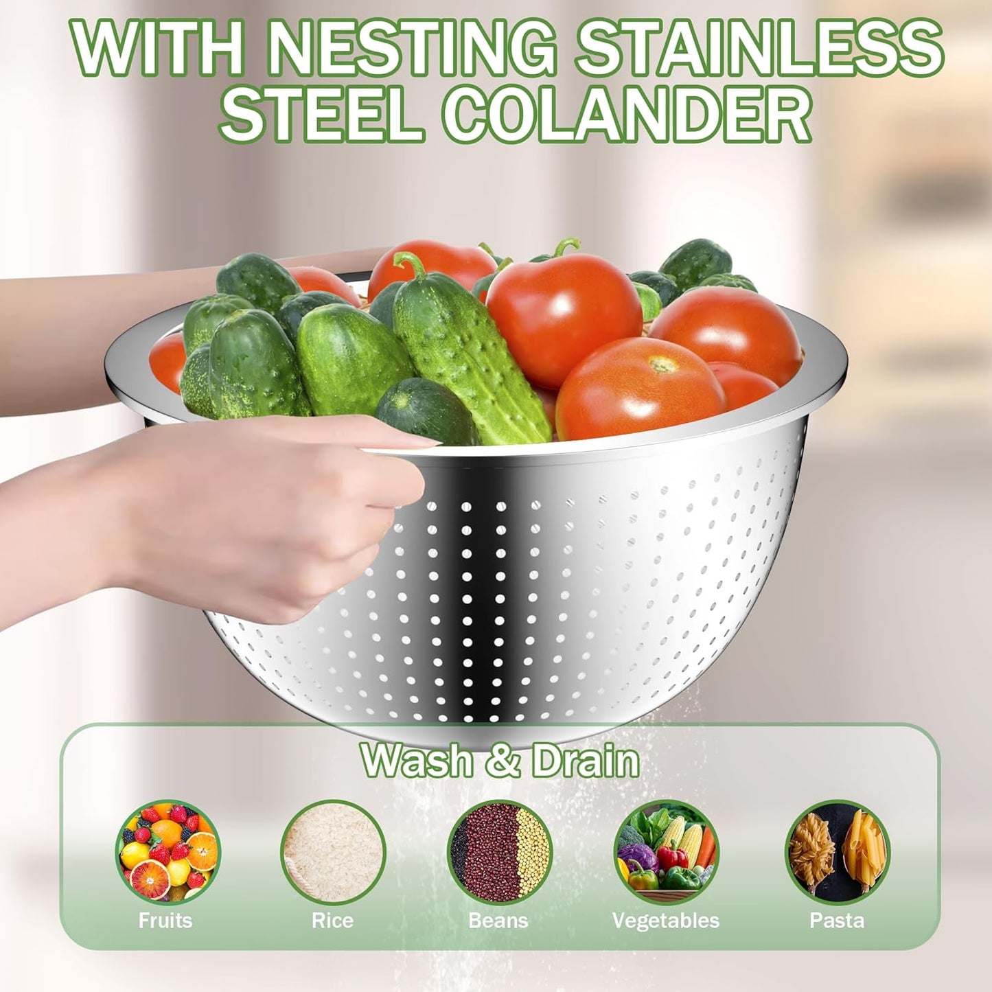 Mixing Bowls with Lids Set, Stainless Steel Mixing Bowl Set with Colander, Strainer with Bowls - Pistachio