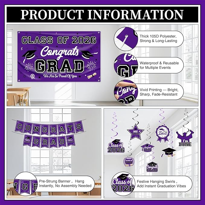 Graduation Decorations Class of 2026 Purple Graduation Party Decor Set include Congrats Grad Banner Backdrop Class of 2026 Balloons Party Supplies