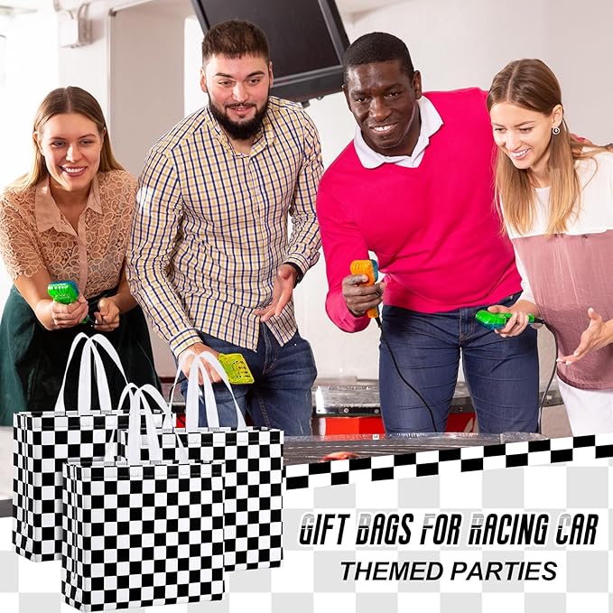 Abbylike 30 Pack Checkered Racing Race Car Gift Bag Bulk Large Goodie Bag Black White Non Woven Tote for Car Birthday Party