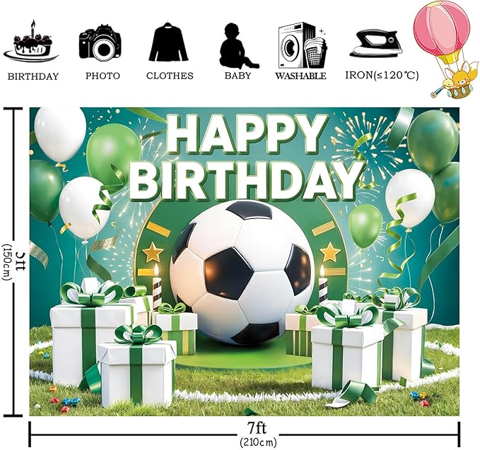 Homewelle Football Birthday Backdrop 7Wx5H Feet Polyester Fabric Boys Kids Sports Theme Soccer Field Balloon Gifts Decoration Green Stadium for Adults Teens Photography Background Photo Shoot Props