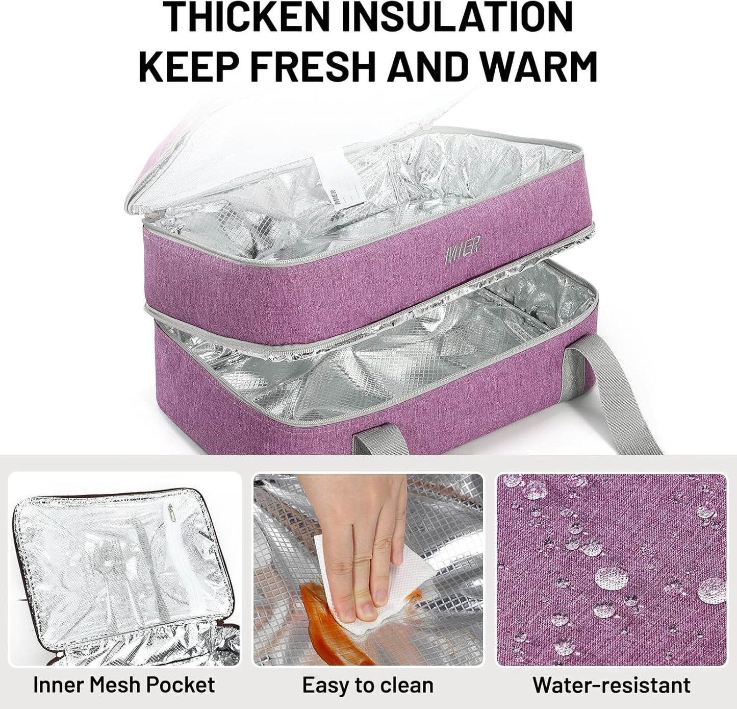 MIER Insulated Casserole Carrier Fits 9"x13" Baking Dishes/Foil Pans, Double Food Carriers Bag Thermal Holder for Hot or Cold Food Lasagna Lugger Potluck Parties Picnic Travel, Purple