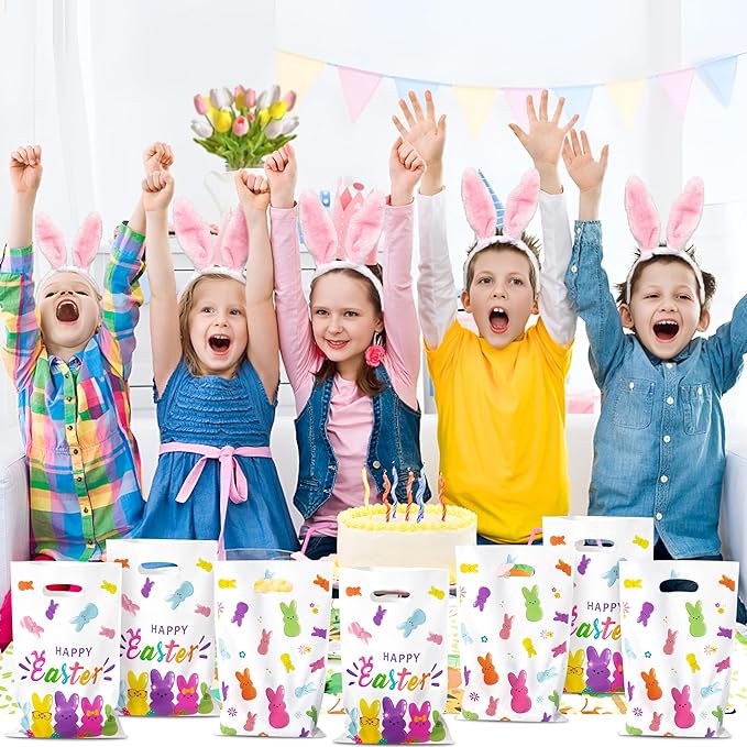 50Pcs Easter Bunny Peeps Party Favor Bag - Happy Easter Rabbit Plastic Waterproof Goodie Bag with Die Cut Handles Rectangular Candy Gift Bags for Kids Festival Decoration Party Favor Supplies