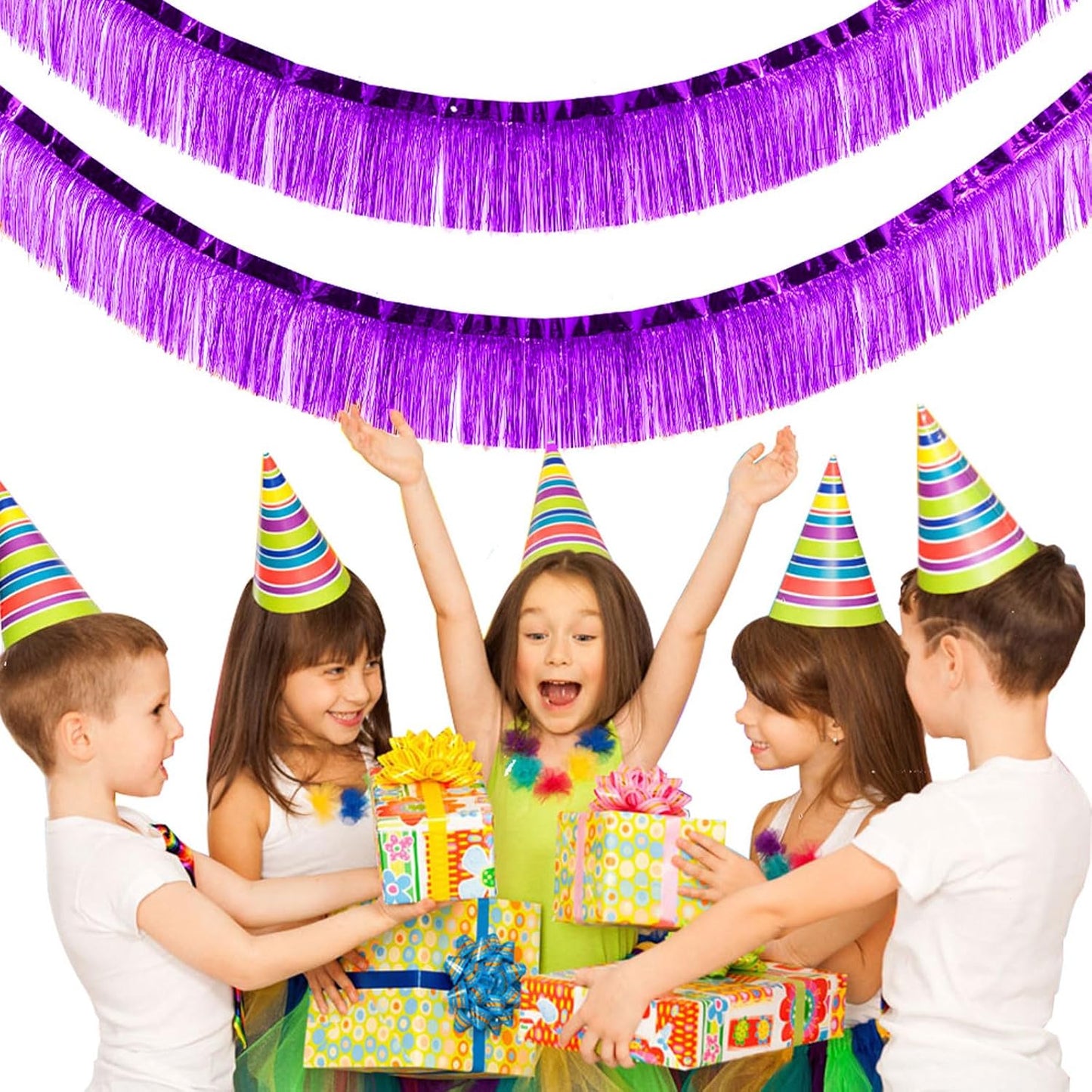 6 Packs 10 Feet Foil Fringe Garland Metallic Foil Tinsel Fringe Garland Wall Hanging Fringe Banner for Parade Floats, Wedding, Christmas，Birthday Party Halloween Decor (Purple)