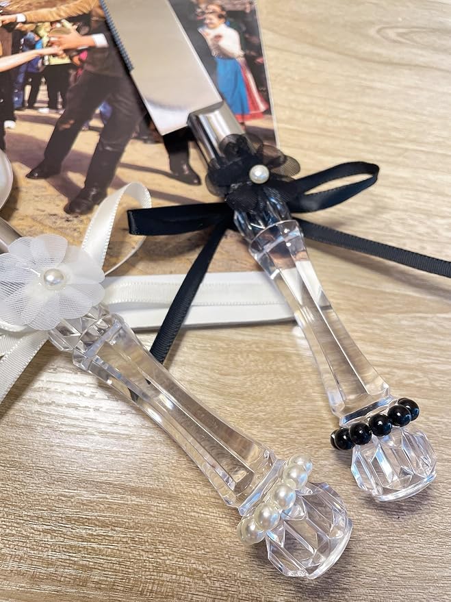 Set of 3 Cake Cutter Set Wedding Cake Knife and Server Set with Cake Topper, Perfect Cake Cutter for Wedding registry must haves, Cake Cutting Set with Black White Daisy Ribbons Design