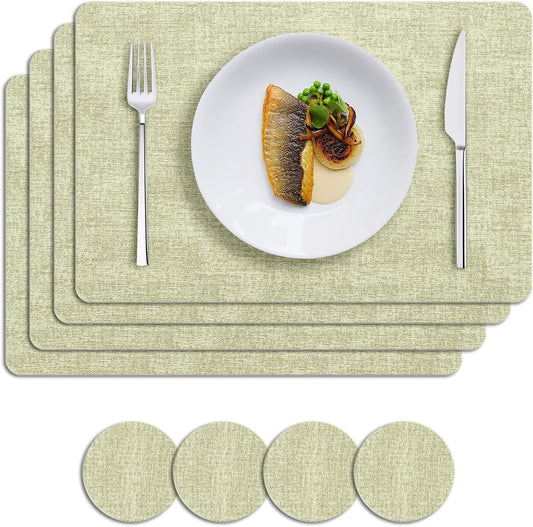 MOSAYT Faux Leather Placemats Set of 4, Heat Resistant Vinyl Place Mats with Coasters, Wipeable Washable Waterproof Oil Proof Table Mats for Kitchen Dining Indoor Outdoor, 12" x 18", Sage Green