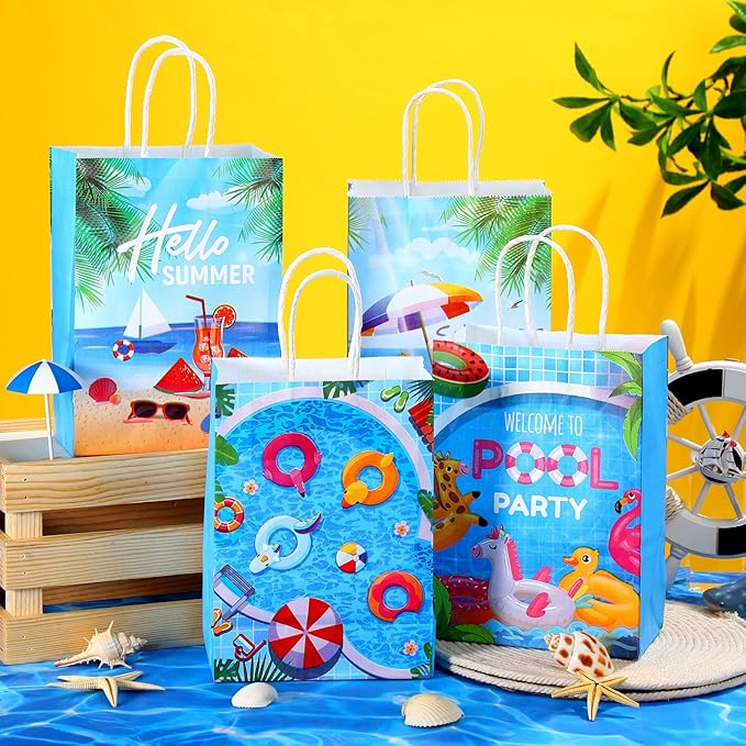 Outus 24 Pieces Summer Pool Party Favors Bags Beach Gift Goodie Paper Bags with Handles Beach Swimming Pool Candy Treat Pouch for Summer Hawaiian Luau Birthday Holiday Party Supplies