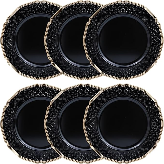 Black Scallop Charger Plate, Set of 6 Plastic Wedding Bulk Plate Charges for Dinner Plates, Table Decoration, Holiday, Thanksgiving, Christmas.