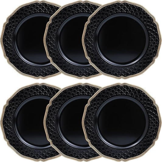 Black Scallop Charger Plate, Set of 6 Plastic Wedding Bulk Plate Charges for Dinner Plates, Table Decoration, Holiday, Thanksgiving, Christmas.