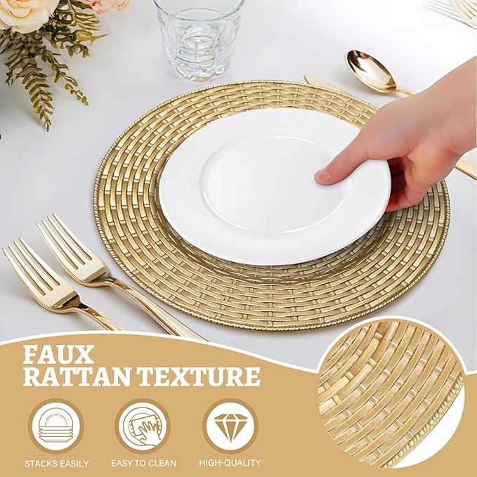 MAONAME 13" Gold Charger Plates Set of 12, Table Chargers for Dinner Plates, Faux Rattan Plastic Plate Chargers, Round Charger for Table Setting, Wedding Decor