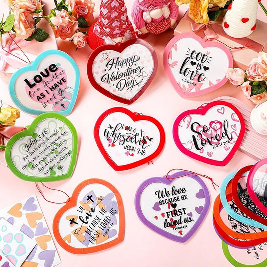 Frienda 48 Set Christian Valentines Crafts Religious Valentine's Day Craft Kit with Sticker DIY Christian Religious Hanging Ornament Make Your Own Sunday School Home Decor for Party Favors Activities