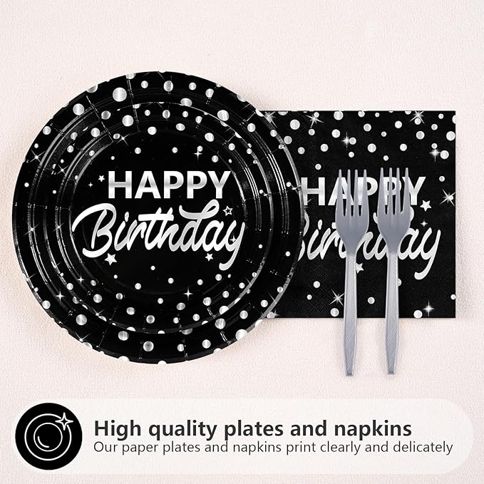 Grencian 96Pcs Black and Silver Happy Birthday Party Supplies Decorations Silver Star Polka Dots on Black Paper Plates and Napkins Disposable Dessert Tableware Set for Women Men Adult Party Serves 24